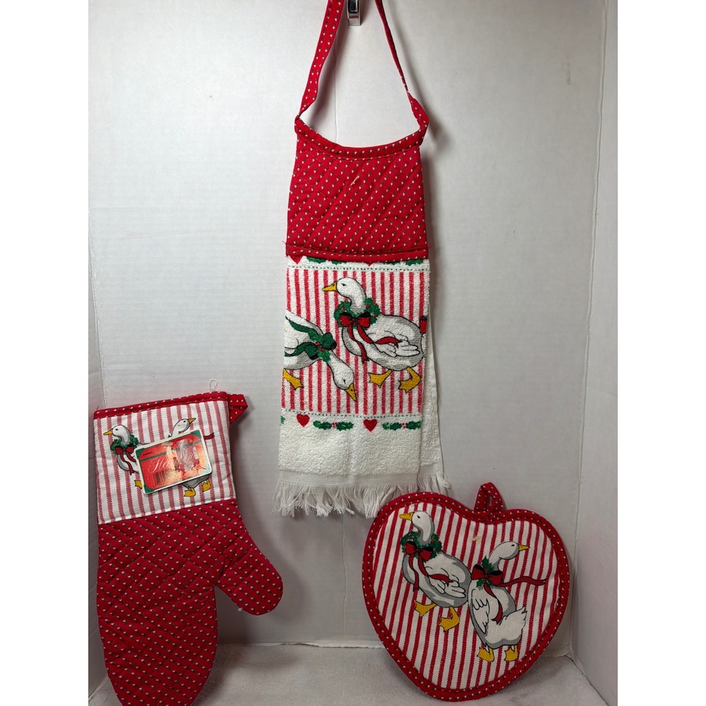 NWT VTG 90s Cannon Heirloom Kitchen Set Red Christmas Goose 3pc Towel Mitt